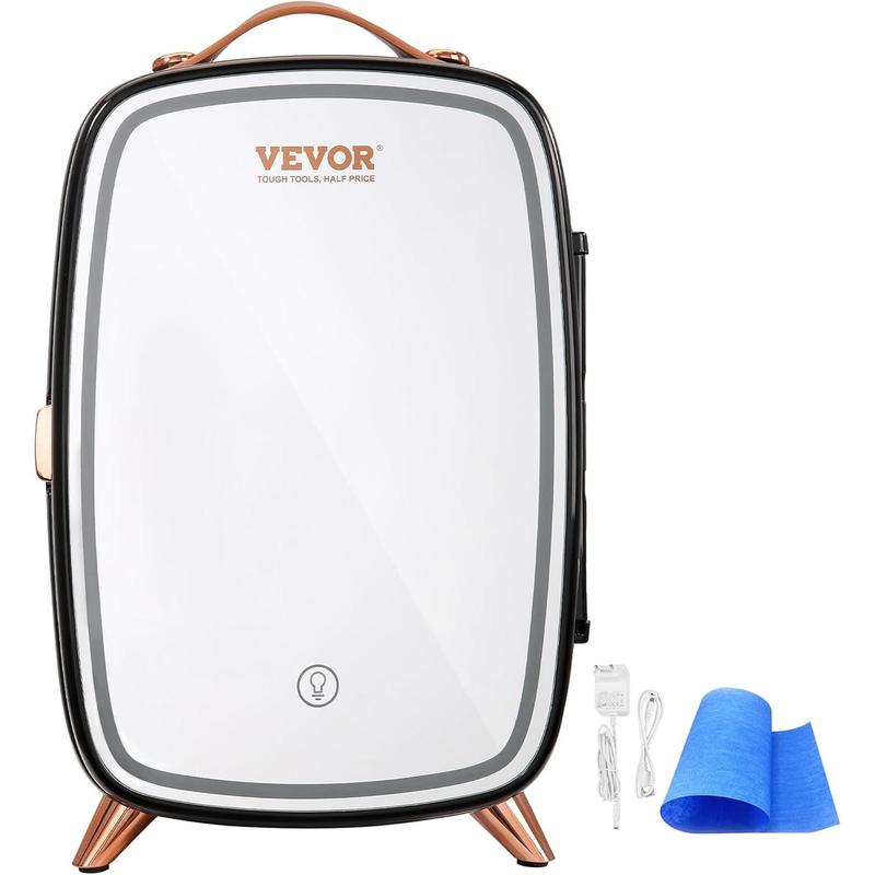 VEVOR Mini Fridge 6L Skincare Refrigerator with LED Light and HD Mirror, AC/DC Makeup Cooler for Skin Care Cosmetic Storage, Chill Face Mask Drink, Small Cooling for Bedroom Dorm Desktop, Black