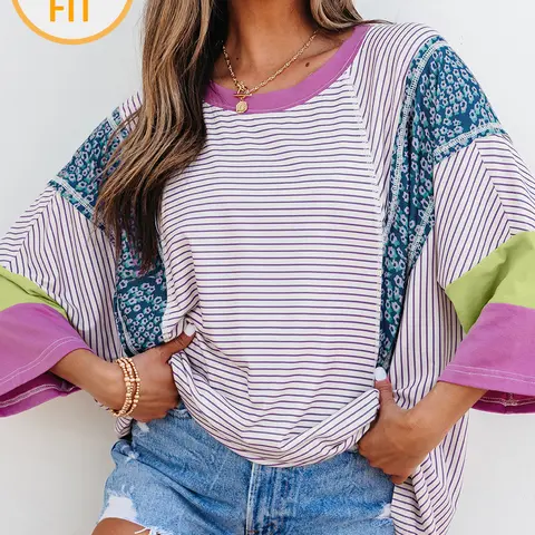 Women's Purple Stripe Floral Color Block Raw Edge Patchwork Bracelet Sleeve Blouse,Loose-Fit Casual Everyday Boho Crew-Neck Tops for Women, Relaxed-Fit Flowy  Striped T-Shirts, Chic Spliced Apparel