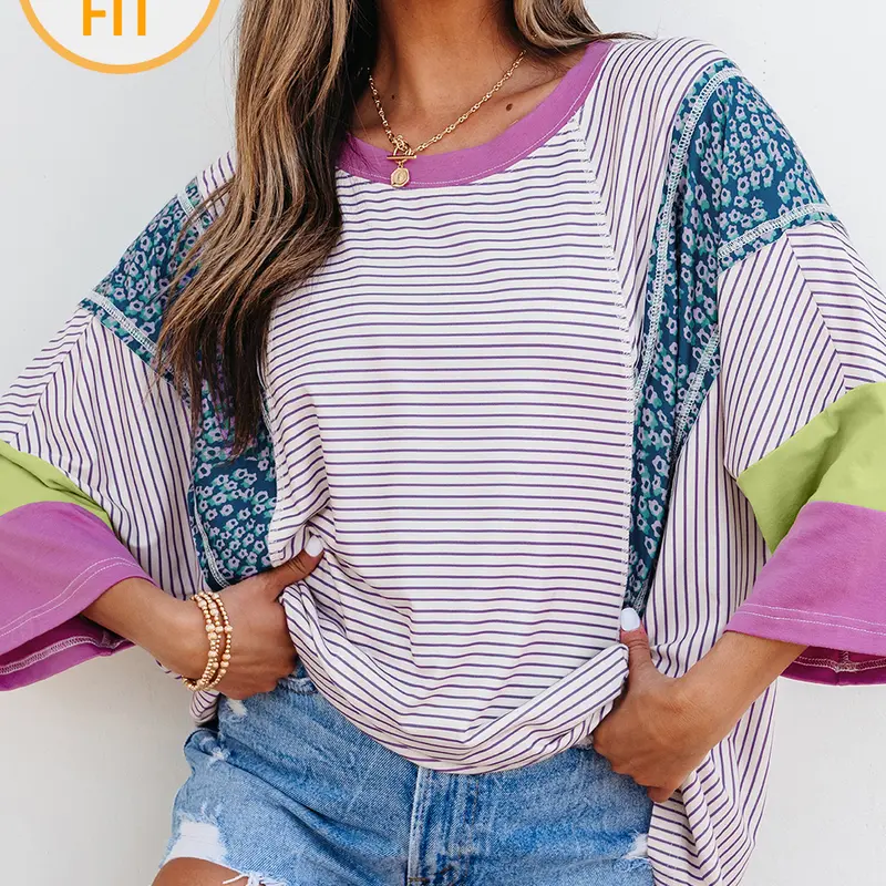 Women's Purple Stripe Floral Color Block Raw Edge Patchwork Bracelet Sleeve Blouse,Loose-Fit Casual Everyday Boho Crew-Neck Tops for Women, Relaxed-Fit Flowy Striped T-Shirts, Chic Spliced Apparel