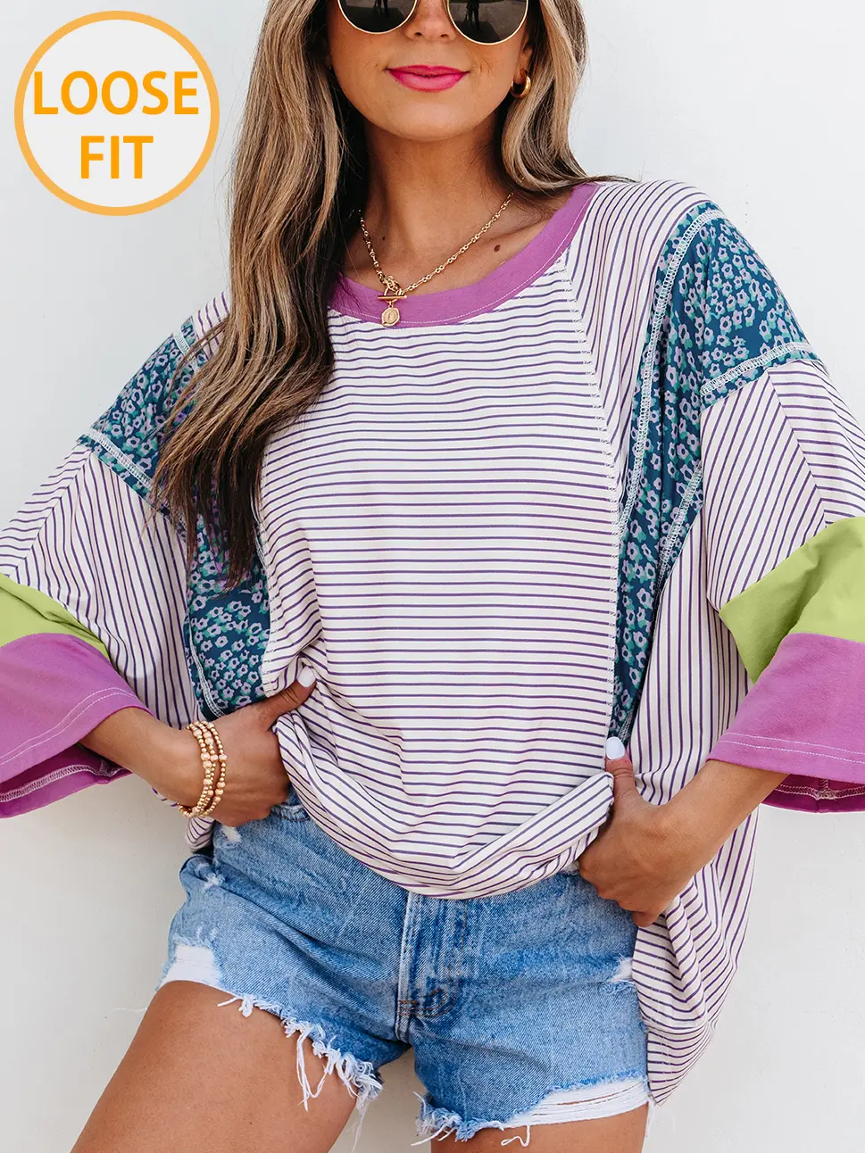 Women's Purple Stripe Floral Color Block Raw Edge Patchwork Bracelet Sleeve Blouse,Loose-Fit Casual Everyday Boho Crew-Neck Tops for Women, Relaxed-Fit Flowy  Striped T-Shirts, Chic Spliced Apparel