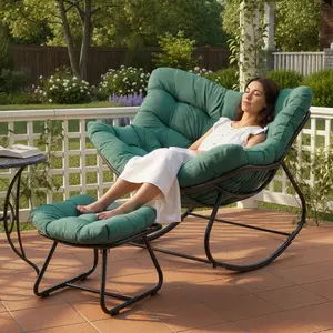 RoyalCraft Patio Rocking Chair with Ottoman, Outdoor Indoor Rocking Egg Chair with Cushions, Metal Lounge Chair Oversized Papasan Chair, Outdoor Wicker Reading Chair for Porch Garden, Green
