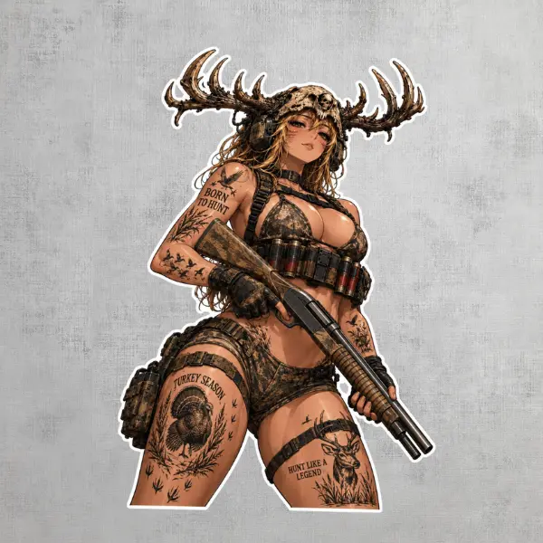 Wendigo Skull Huntress Anime Girl Sticker, Tactical Hunting Warrior Vinyl Decal, Antler Helmet Gothic Military Waifu, Waterproof Sticker for Car, Laptop, Tumbler, Water Bottle