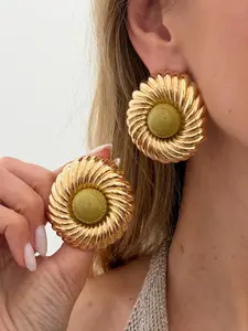 Boho Style Round Resin Inlaid Fashion Earrings Set, Elegant Light Luxury Daily Casual Party Women Wedding Vacation Versatile Metal Jewelry Gift, Bohemian Jewelry