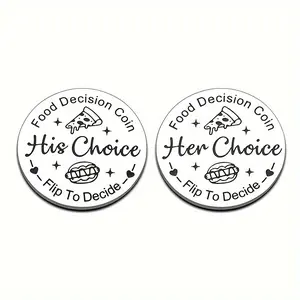 Stainless Steel Couple's Food Decision Coin Keychain, Silver Color Anniversary Gift, Perfect for Weddings & Dates, Unique Jewelry Accessory Her Choice