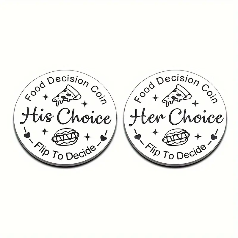 Stainless Steel Couple's Food Decision Coin Keychain, Keyrings, Metal Keychains, Silver Color Anniversary Gift, Perfect for Weddings & Dates, Unique Jewelry Accessory His Choice, Her Choice, Authentic Keychain