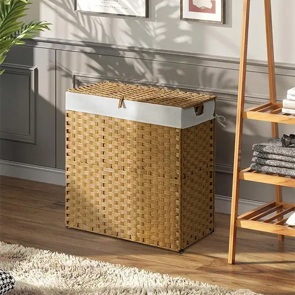 Synthetic Rattan Rectangle Laundry Hamper - 90L Divided, 2 Removable Liners, Foldable with Lid & Handles, Handwoven White Basket (18.5x13.3x24.0in)