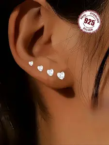 4 Pairs/piece Of Women's Fashionable Studs Earrings with Simple Heart-shaped S925 Silver Low Sensitivity Earrings Inlaid with Synthetic Zircon, Suitable for Daily Wear/spring/summer/multiple Diy Matching Wear, Dailywear, Artificial Zircon Earrings