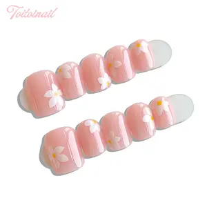 Peach Daisy Handmade Press-On Nails | Short Square Shape, 10pcs | Sheer Nude Pink Base with Hand-Drawn White Daisy Design | Fresh Gentle Aesthetic | Daily Casual Wear, Reusable False Nails