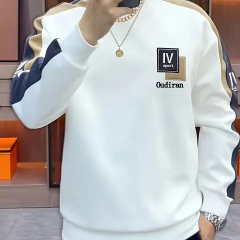 [Autumn Chic] Chic Color-Block Crewneck Sweatshirt - Casual Long-Sleeve Pullover with Logo, Machine Washable, Polyester Blend for Spring and Autumn, Spring/Autumn Apparel | Fashion Sweatshirt | Smooth Fabric, Cute Sweatshirt