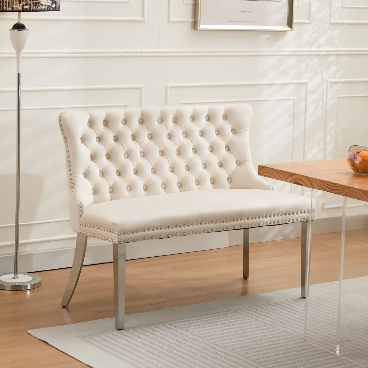 Beige Velvet Button-Tufted Double-Seat Dining Loveseat Bench - Wing Back, Handmade Buttons, Cushioned, Brushed Silver Stainless Steel Legs, Mid-Century Modern Style Adaptation, Practical 2-Seat Space, Indoor Furniture, Single Pack, SW1702BG