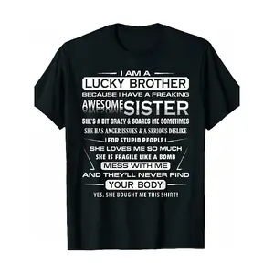 Funny Sibling Graphic T-Shirt - "I Am a Lucky Brother" Funny Family Saying - Soft Breathable Tee for Men & Women - Birthday, Christmas, Brother Sister Gift - Black Shirt with Funny Brother Quotes - Machine Washable Casual Casual Attire - Funny Brother App