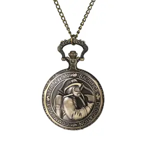 Vintage Bronze Pocket Watch: Men Women Firefighter Round Analog Quartz Pendant Necklace Watch with Chain