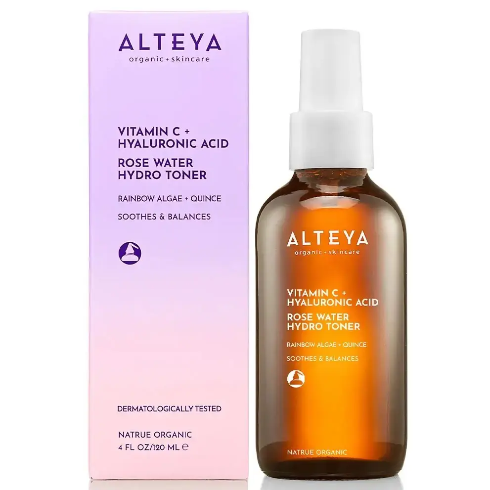 Alteya Organics Vitamin C & Hyaluronic Acid Rose Water Hydro Toner - Gentle Flower Moisturizer with Aloe Vera, Quince Seed Extract, Glycerin - Soothing Formula for Sensitive & All Skin Types - 4 FL OZ/120 ML