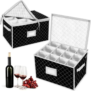 2 Pack Stemware Storage Cases for 12 Wine Champagne Glasses, Crystal Glassware Protector Packing Boxes with Dividers and 2 Handles for Moving, Black