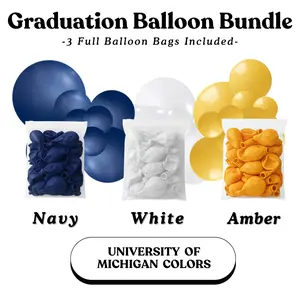 Graduation Balloon Bundle - University Of Michigan Colors Navy, White, Amber - Sizes 5"- 12"- 18"