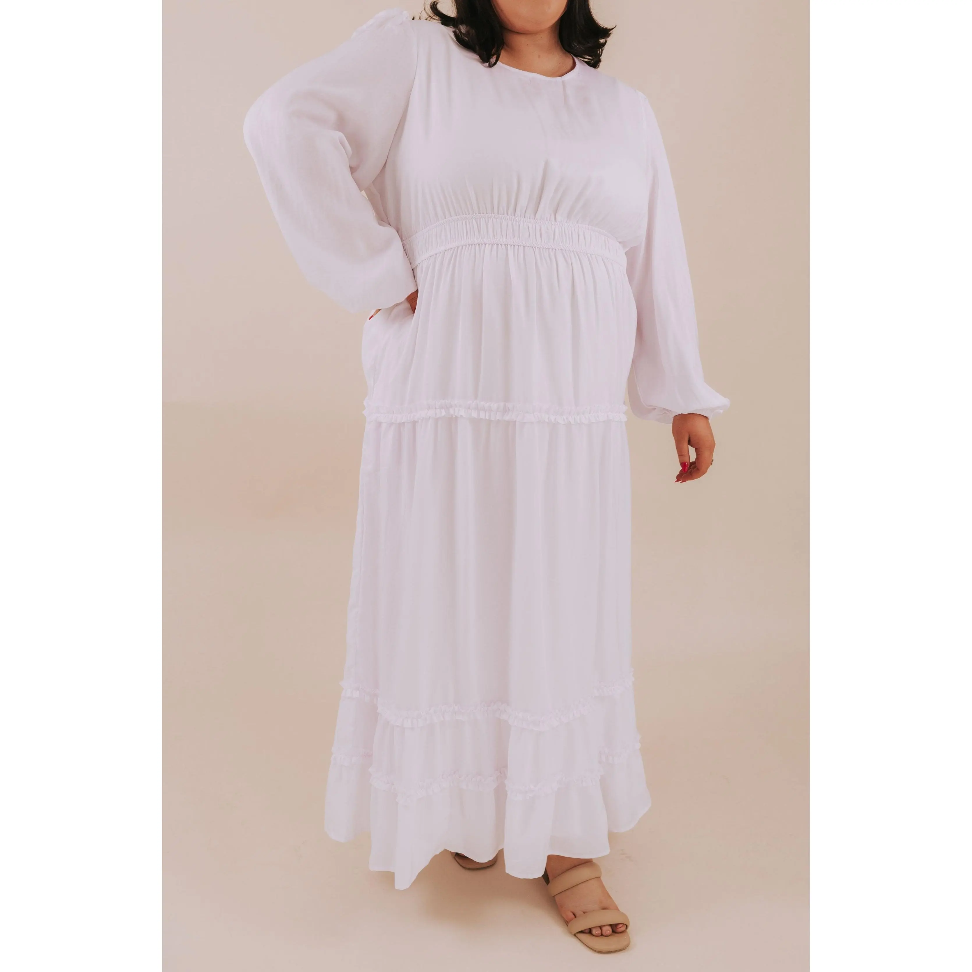 Lady's Plus Size White Monica Long Sleeve Maxi Wedding Dress - Basic Fit, Comfortable, with Pockets, Ruffle Details, Button Accents, Autumn Holiday Style, Skirt, Minimalist