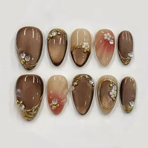 Mocha Brown Press On Nails – Glossy Almond Shape Gold Chrome Floral Accent Reusable Fake Nails