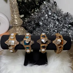 Turkish Mop Bracelets Bangles with Intricate Gold Tone Design and Gemstone Accents for Festive Wear