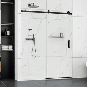 【Christmas Gift】Black Shower Door, 56-60" W × 76" H Frameless Sliding Shower Door,Waterproof Glass Shower Door with Stainless Steel Handle and Seal Strip, 5/16" (8mm) Easy-Clean Tempered Glass,Matte Black