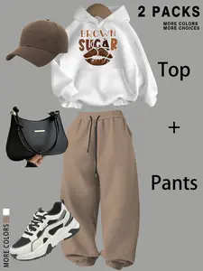 Unisex Street Style Hoodie & Jogger Set, Fall Winter Loose-Fit Thicken Fabric, Letter Print Design, Perfect Gift Idea