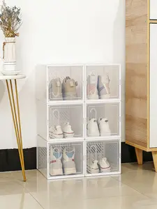 Thick Side Pull Door Magnetic Closure Transparent Storage Box, Plastic Dustproof Display Shoe Cabinet Floor Shoe Box