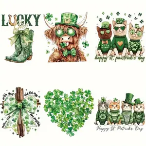 6 Pcs New St. Patrick's Day Trendy Green Lucky Clover Vinyl Patches for Canvas Bags Clothes Backpacks Pillows DTF Hoodies Jeans DIY Handmade Crafts