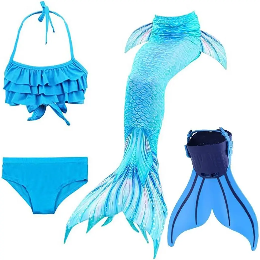 Girls' 4-Piece Ruffle Mermaid Princess Bikini Swimwear Set, Summer Beach Swimming Bathing Suit (HEIXIAN-DH53-WJF46), Ruffle Swimwear