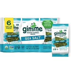 Gimme Seaweed Organic Premium Roasted Seaweed Snacks, Sea Salt, 6 Count, Keto, Vegan, Gluten-Free, Great Source of Omega3s and Iodine, Healthy On-The-Go Snack for Kids and Adults