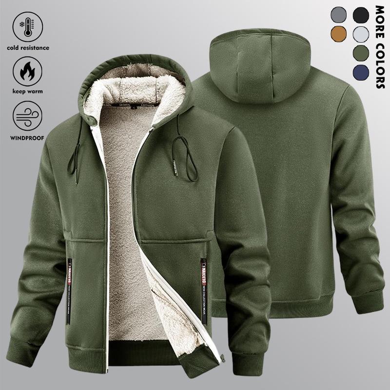 Men'S Winter Sherpa Hooded Jacket, Thick Warm ZipUp Hoodie,Casua Soid Color.100% Polvester.SlightStretch Knit Fabric, Loose Fit,450gm WeightFallWinter Outerwear