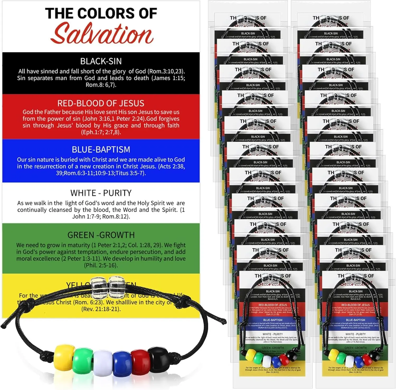 Misdary 300 Pcs Plan of Salvation Bracelets Sets with Prayer Pocket Cards Sunday Crafts for Teaching Kit, 100 Bead Bracelet 100 Bulk Plan of Salvation Cards with 100 Bags
