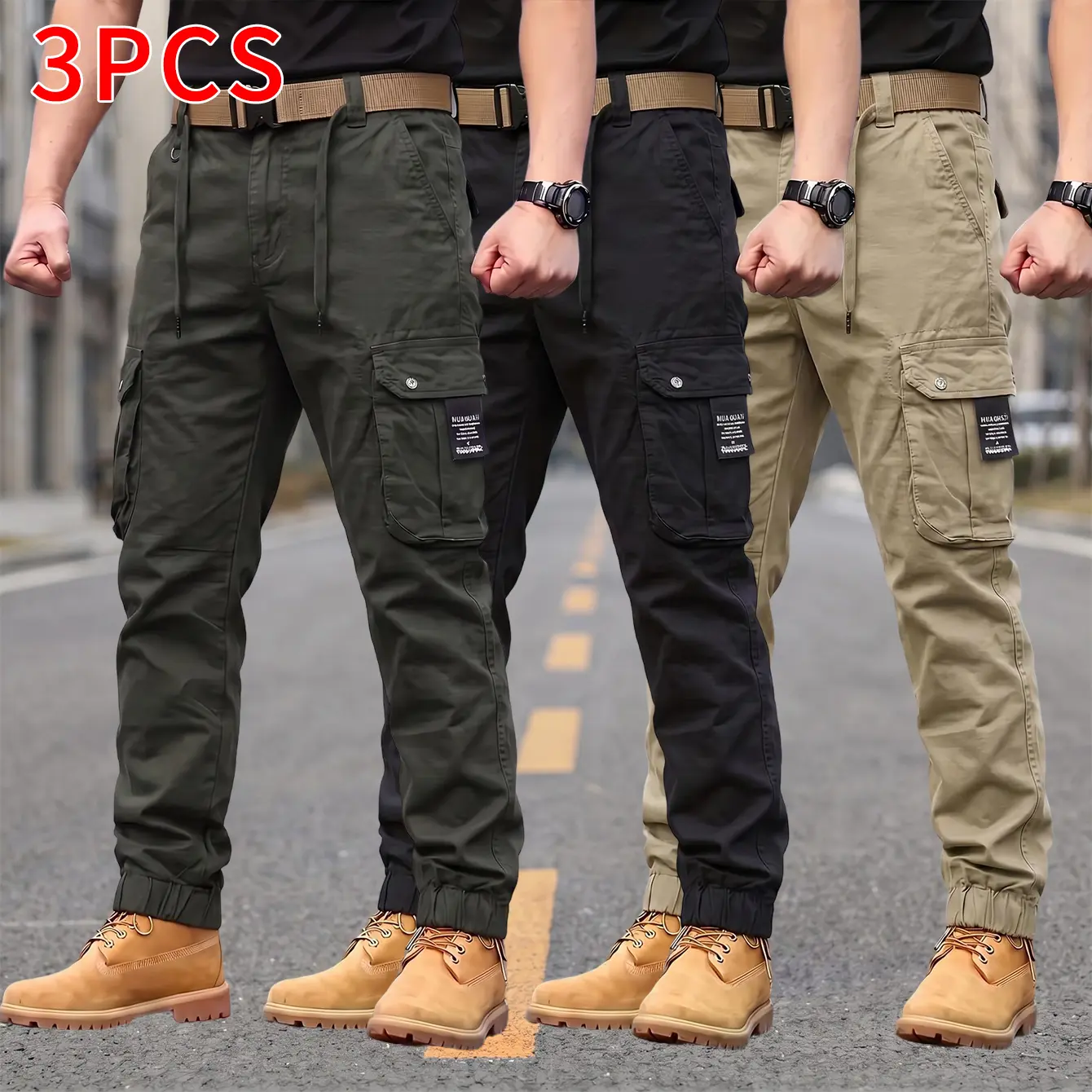Men's 3-Pack Mid Waist Tactical Cargo Jogger Pants - Durable Cotton Blend Workwear, Buttoned Pockets, Labeling, Long Pants for Commuting, Outdoor Use