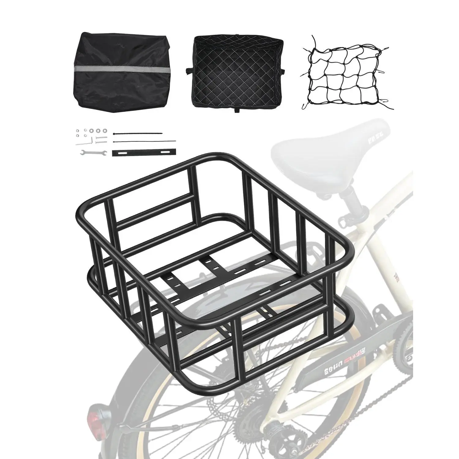 VEVOR Rear Bike Basket, Medium Bicycle Basket with Cargo Net, Liner & Waterproof Cover, Heavy Duty Bike Back Basket for Adult Women/Men Carrying Dogs, Pets, Fruit & Grocery, Mounting Tools Included