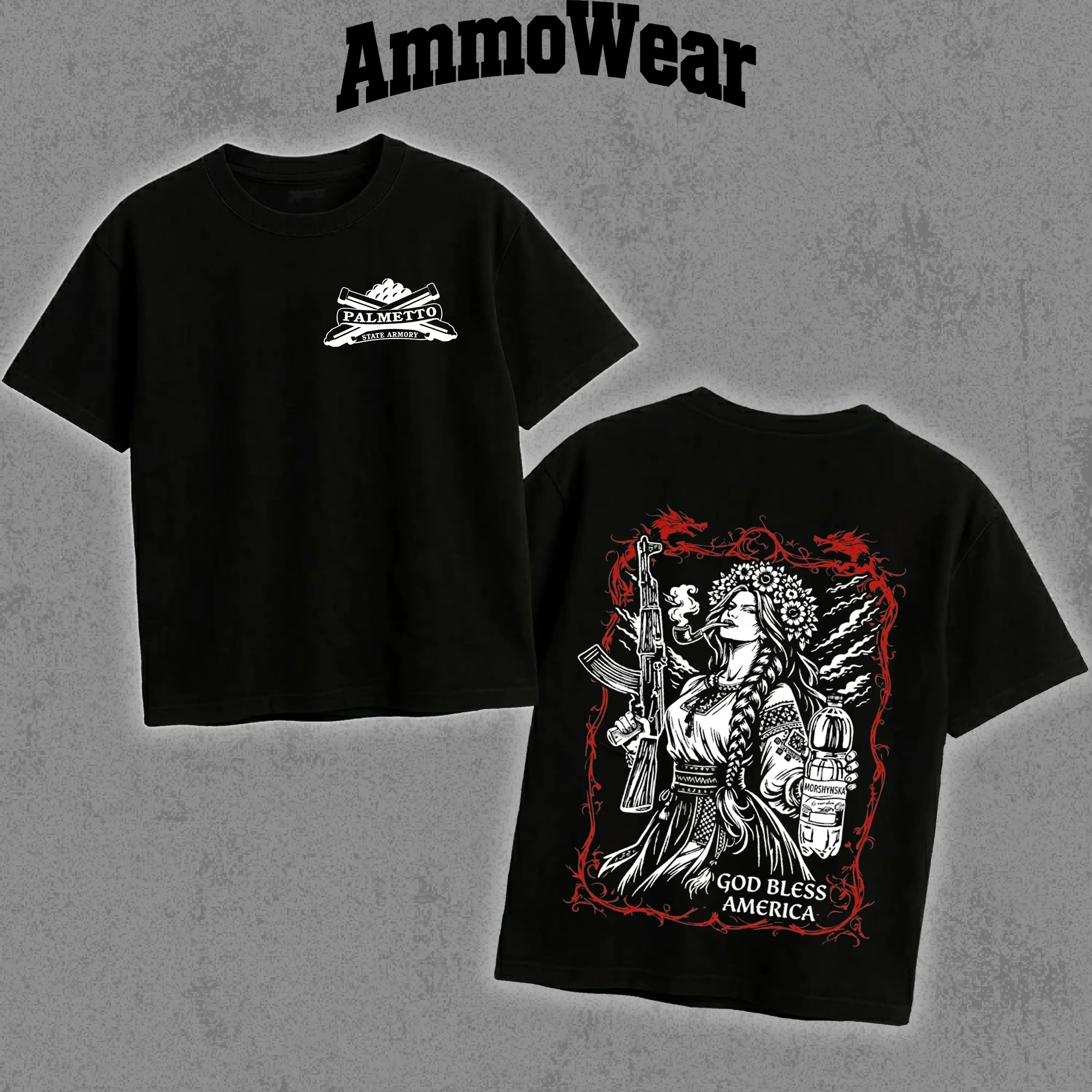 Palmetto State Armory Graphic Tee, Tactical Ukrainian Girl AK47 T-Shirt, God Bless America Combat Apparel, 2nd Amendment Gun Enthusiast Top, Unisex Casual Solid Black Short Sleeve Shirt, Military Veteran Shooter Gift