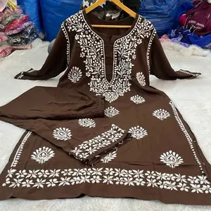 Premium Fine Chikankari Work 3pcs Sets Kurti & Plazzo Lucknowi Handwork Top Pure Rayon Fabric Elegant Design for Casual Women's Wear - Asian