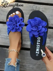 Langmoon Elegant Textile Flower Flip Flops Sandal, Solid Pattern, Comfortable Breathable Sole, Anti-Slip Rubber, Casual Daily Wear