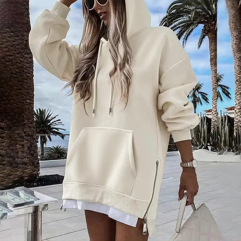 CHICME Long Sleeve Pocket Design Pullover Sweatshirt Casual Faux Two Piece Longline Drawstring Hooded Top Womenswear essential hoodie