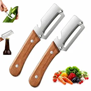 2 Pack 2 In 1 Multi Functional Vegetable Peeler With Wooden Handle And Bottle Opener Non Slip Stainless Steel Blad Kitchen Tool For Vegetables Or Fruits Fruits That Need To Be Peeled