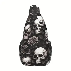 A Versatile Crossbody Chest Bag Designed for Hiking, Featuring a Skull  White Roses Pattern. This Folding Backpack Offers Ample Storage  Is Stylishly Durable, Suitable for Shopping, Work, Travel, Beach Outings, Fishing, Halloween, School and