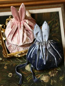 Luxurious Velvet Rabbit Ears Design Travel Makeup Organizer Bag, Travel Cosmetic Bag, Star Embellishment, Portable Drawstring Pouch, Makeup Storage Organizer, Perfect Gift