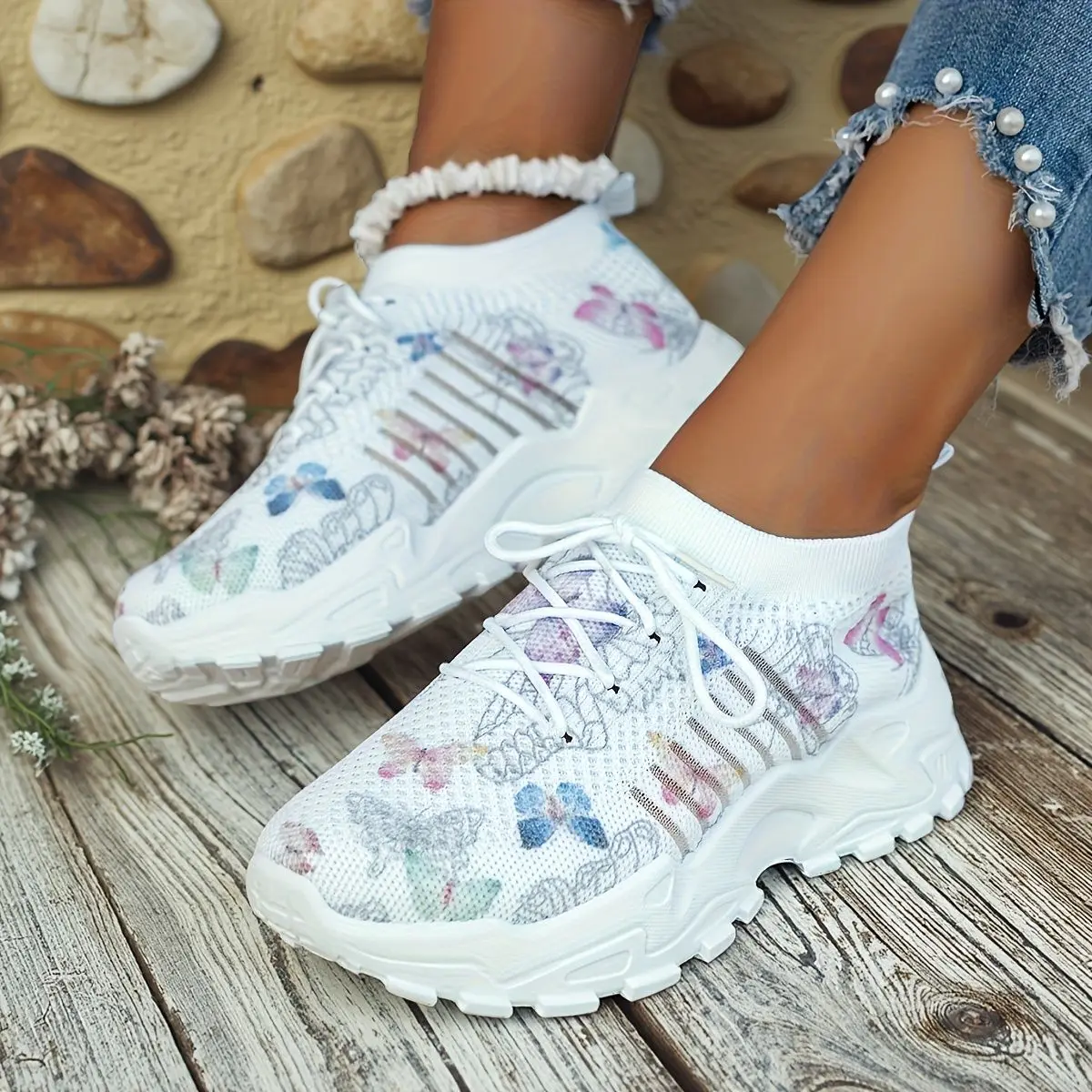 [Breathable Women's Sneakers] Lightweight Breathable Women's White Sneakers with Pink-Purple/Blue Accents | Lace-Up Thick-Soled, Wear-Resistant Rubber Outsole - Ideal for Gym, Daily & Formal Occasions, Casual Must-Have