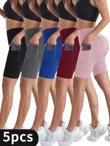 [5pcs Butt-Lifting Yoga Shorts] 5pcs High-Waist Yoga Shorts with Pockets | Breathable, Butt-Lifting, Stretchy Elastane Fabric | for Women - Ideal for Sports & Summer Anti-Slip Pocket Bike Shorts Non Front Seam Low Impact Cycling Running Gym Workout Summer