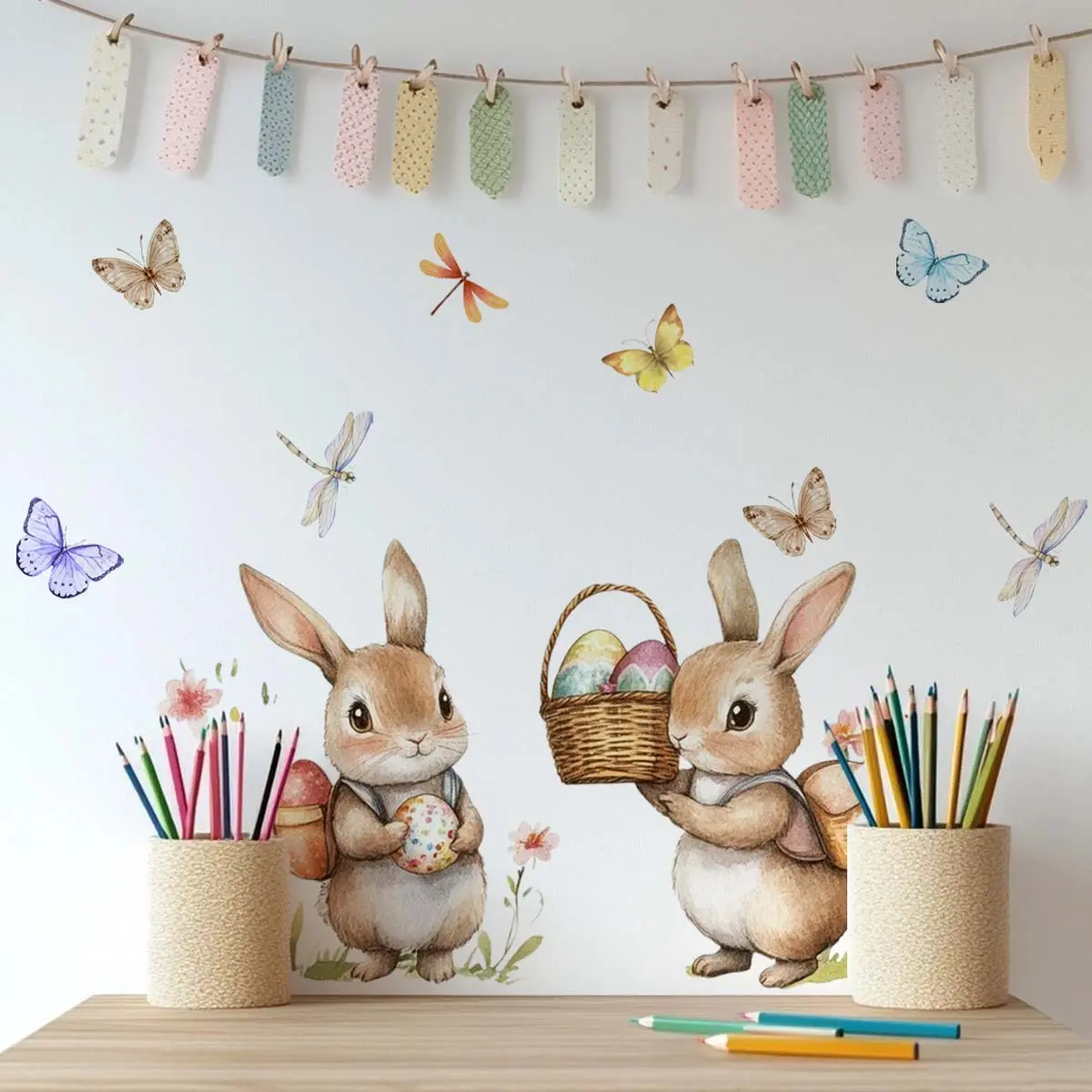 A set (30*30cm*2pcs) of Easter bunny, Easter egg and butterfly wall stickers for decorating holiday homes, living rooms, corridors, bedrooms and bathroom background walls - M20775