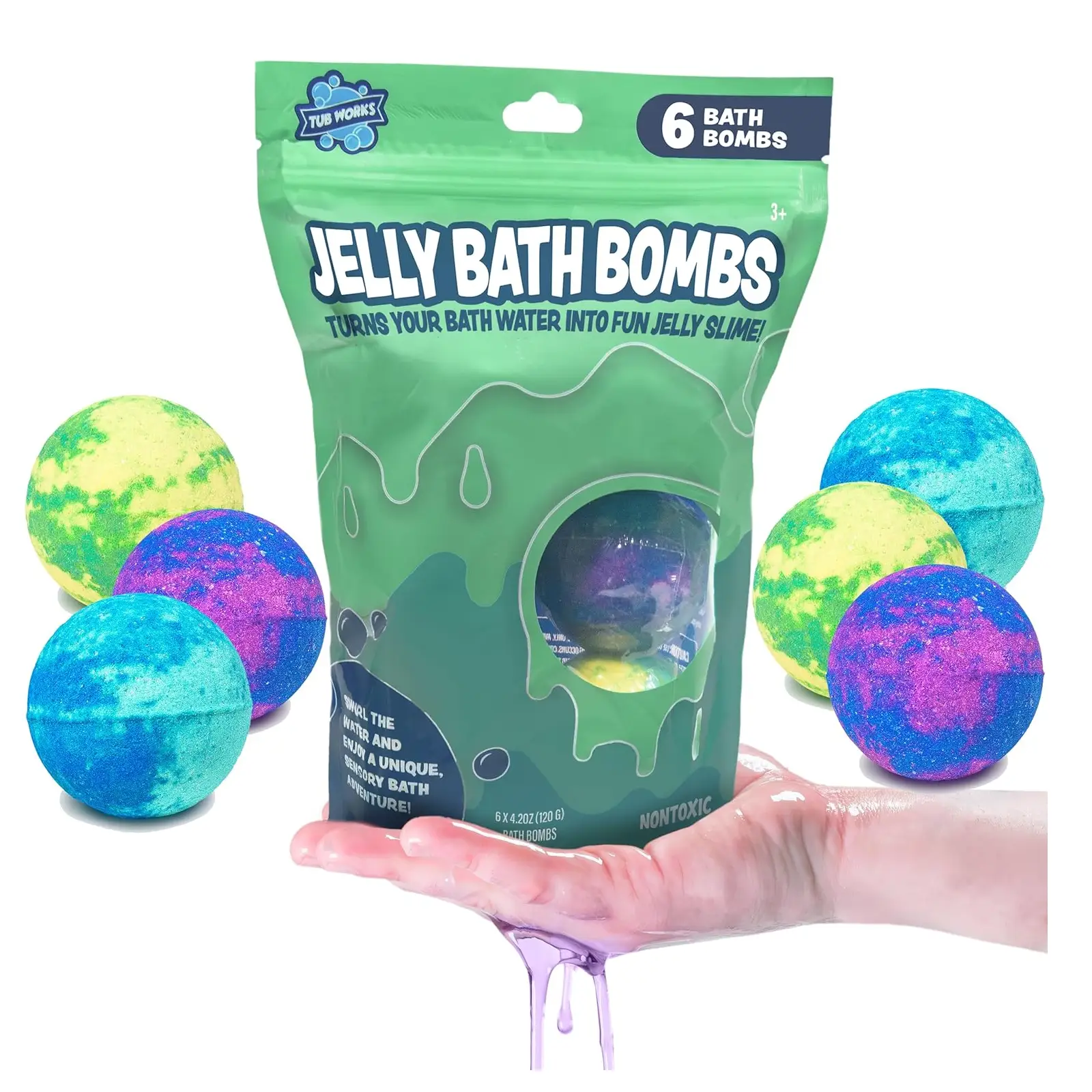 Tub Works Jelly Bath Slime Bombs 6-Pack Non Toxic Kids Bath Bombs with Aloe & Shea Butter Smooth Berry & Blueberry Scented Fun Sensory Play for Toddle