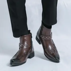 Men's extremely handsome Chelsea shoes, casual high-top leather shoes, with a western knight style, fashionable Chelsea shoes, suitable for evening parties and dance events.