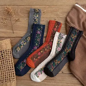 5 Pairs Women's Autumn Winter Retro Floral Elegant Ethnic Style Mid-Calf Socks Comfortable Soft Breathable Sweat-Absorbing Casual Daily Socks