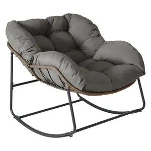 RIWENGO Outdoor Rocking Chair, Oversized Wicker Lounge Chair with Cushion and Metal Frame, 450lbs Weight Capacity,Patio Rattan Egg Rocker for Balcony Backyard Porch Bedroom