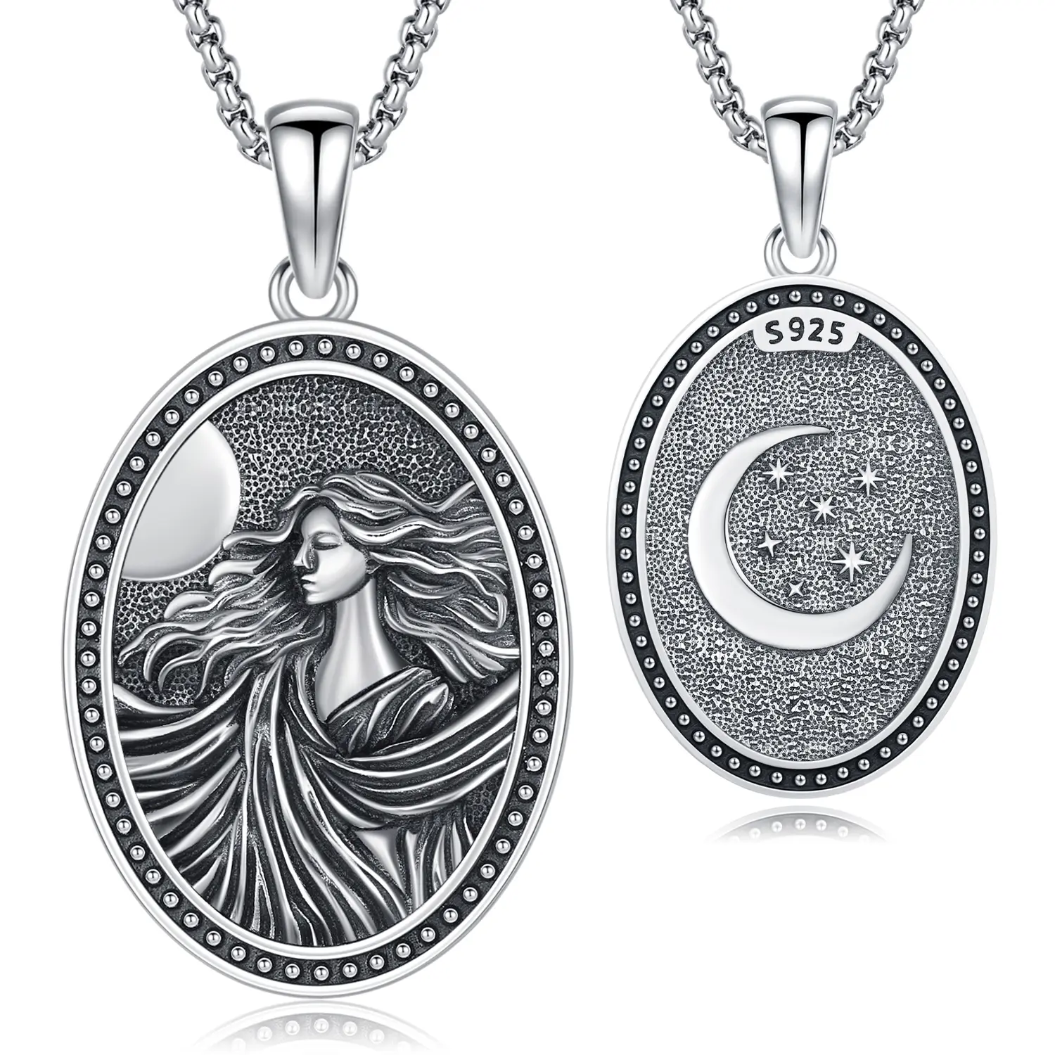 DRINSPER Nyx Moon Goddess Pendant in 925 Sterling Silver, Celestial Chain Necklace for Women, Greek Mythology Hypoallergenic Jewelry, Casual, 12 Months, Long-Term Wear, Nickel-Free, Unisex, Daily Wear