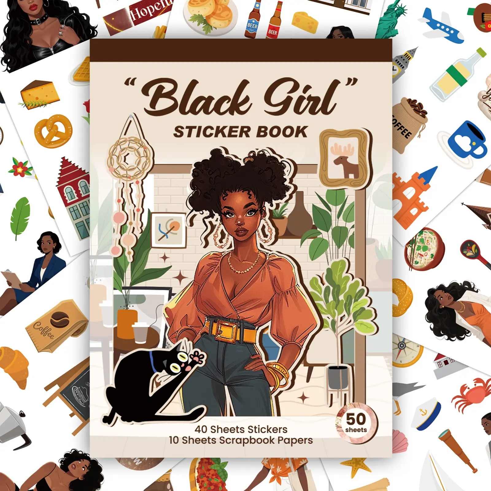 50 Sheets Black Girl Series Sticker Book Art Stickers Diy Sticker For Junk Journal Water Bottle Laptop Suitcase Phone Case Decoration Decorative Stickers, Scrapbooking Ephemera, Scrapbook Material Decal Sticker