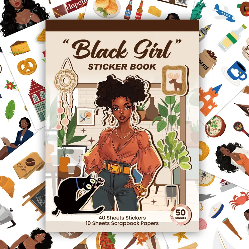 50 Sheets Black Girl Series Sticker Book Aesthetic Stickers Art Stickers Diy Sticker For Junk Journal Water Bottle Laptop Suitcase Phone Case Decoration Decorative Stickers, Scrapbook Material Decal Sticker