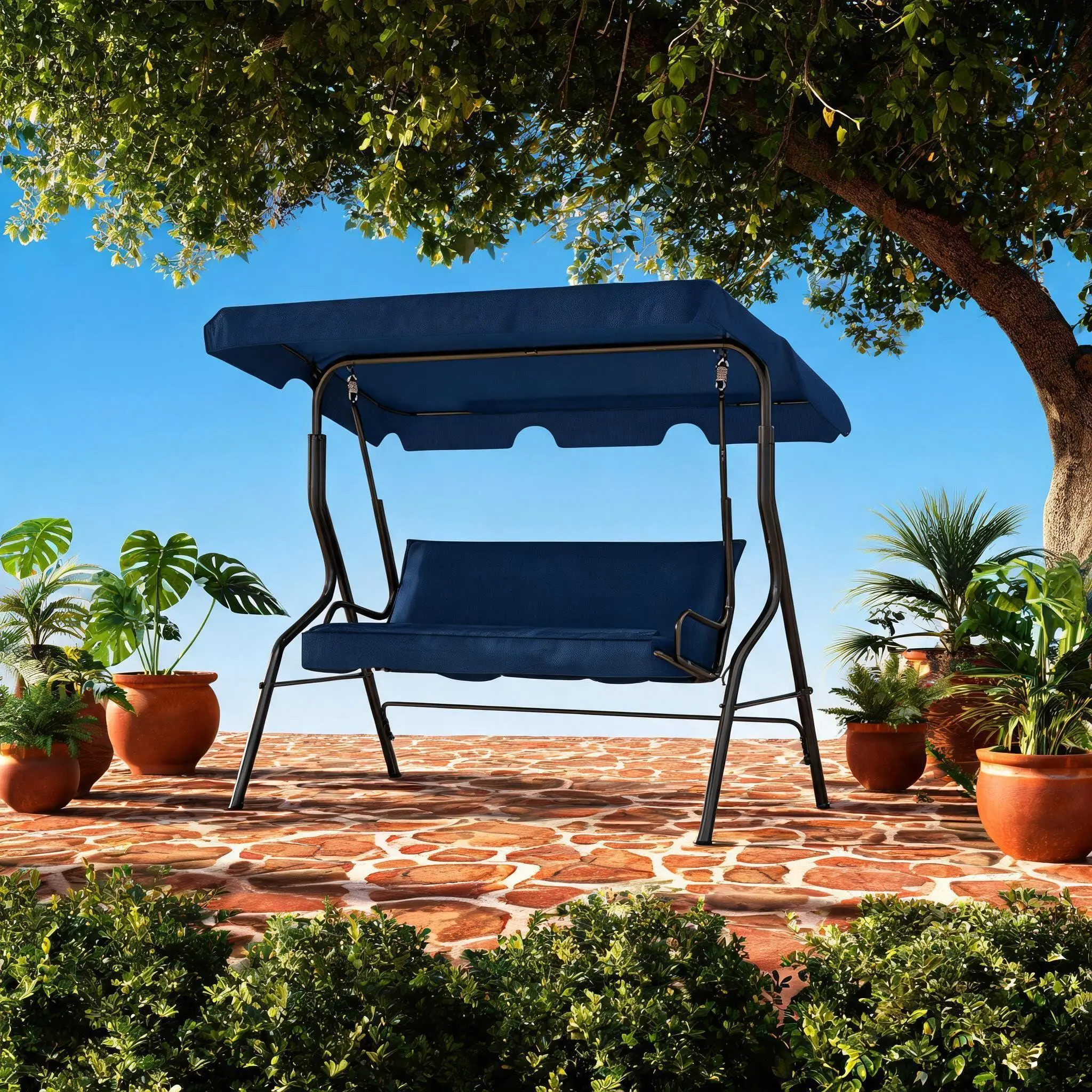 3 Seat Outdoor Porch Swing with Adjustable Canopy, Patio Swing Chair with Stand, Metal Frame, Thick Cushions, 500 lb Capacity, Outdoor Swings for Adults, Backyard Garden Deck, Blue